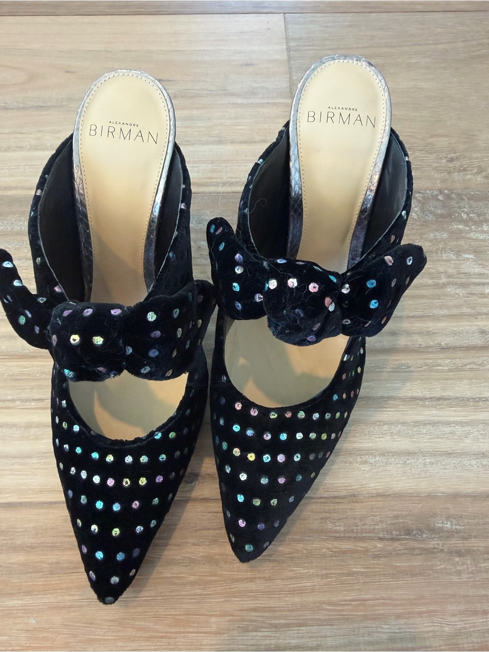 Alexandre Birman Black Velvet Polka-Dot Sequin Bow Mules